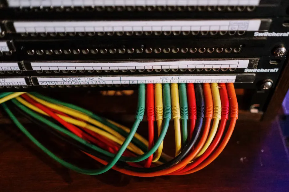 Network cabinet with patch cables in a hospital communications room